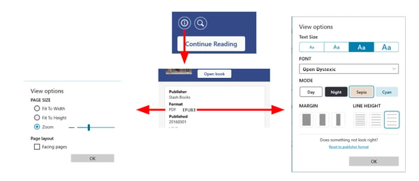 Images showing the different accessibility options in a PDF versus an EPUB3 in VitalSource Bookshelf