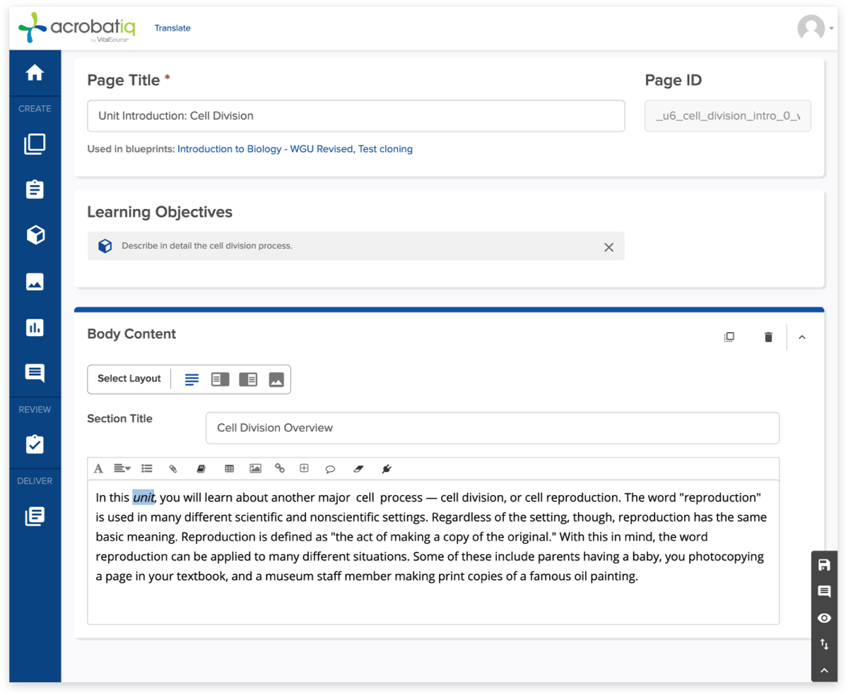 Image of a course design canvas within acrobatiq, displaying editable Page Title, Learning Objectives and Body Content sections
