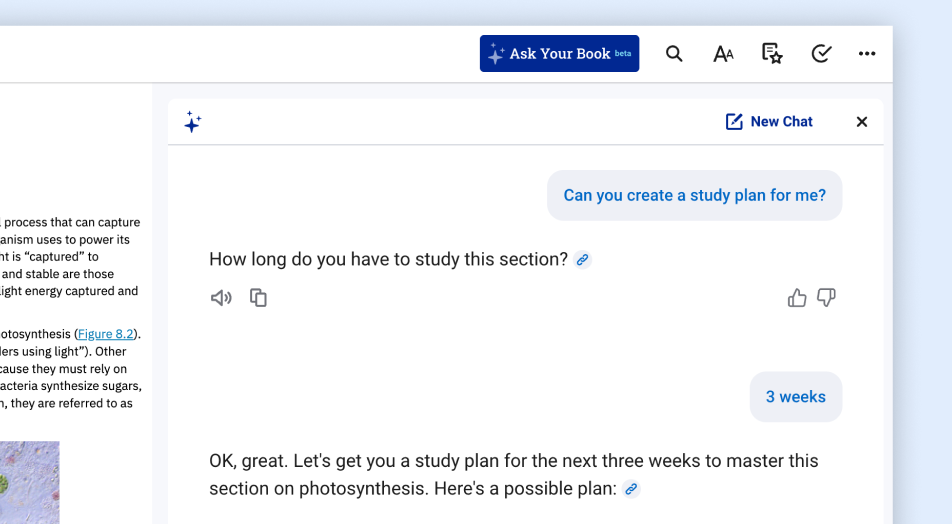 Bookshelf+ creates a three-week study plan after the student asks for help. 