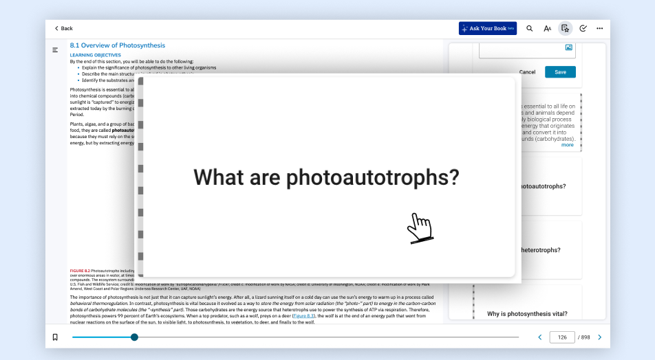 Bookshelf shows a prompt card: “What are photoautotrophs?” for practice and flashcards. 