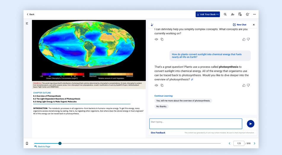 Ask Your Book explains photosynthesis with a follow-up option to learn more. 