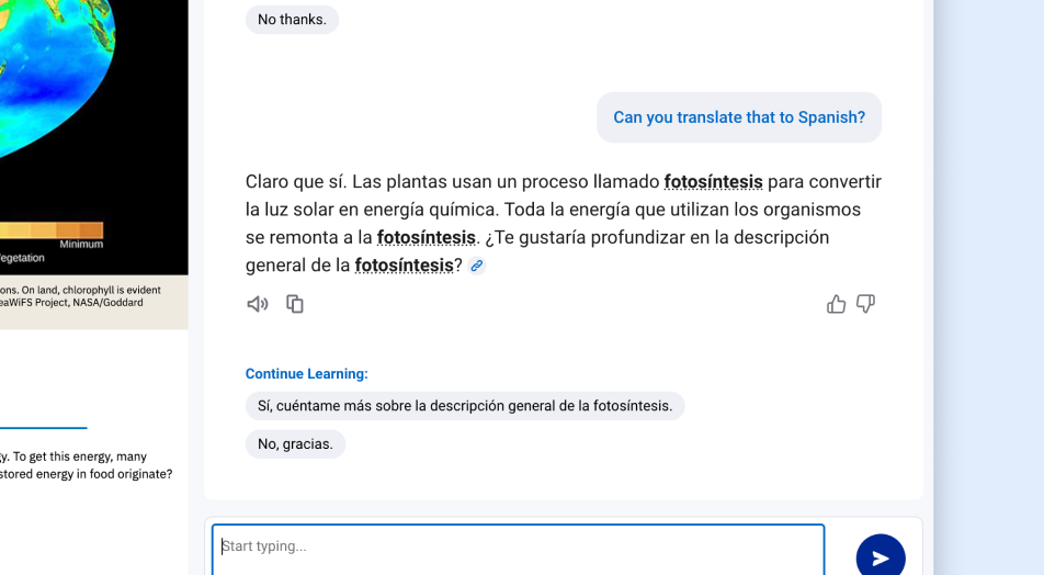 Conversation translated to Spanish explaining photosíntesis, with quick-reply options. 